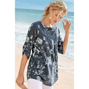 Soft Surroundings M Blue Floral Tuberosa Popover Blouse Tunic Cotton Tab Sleeves